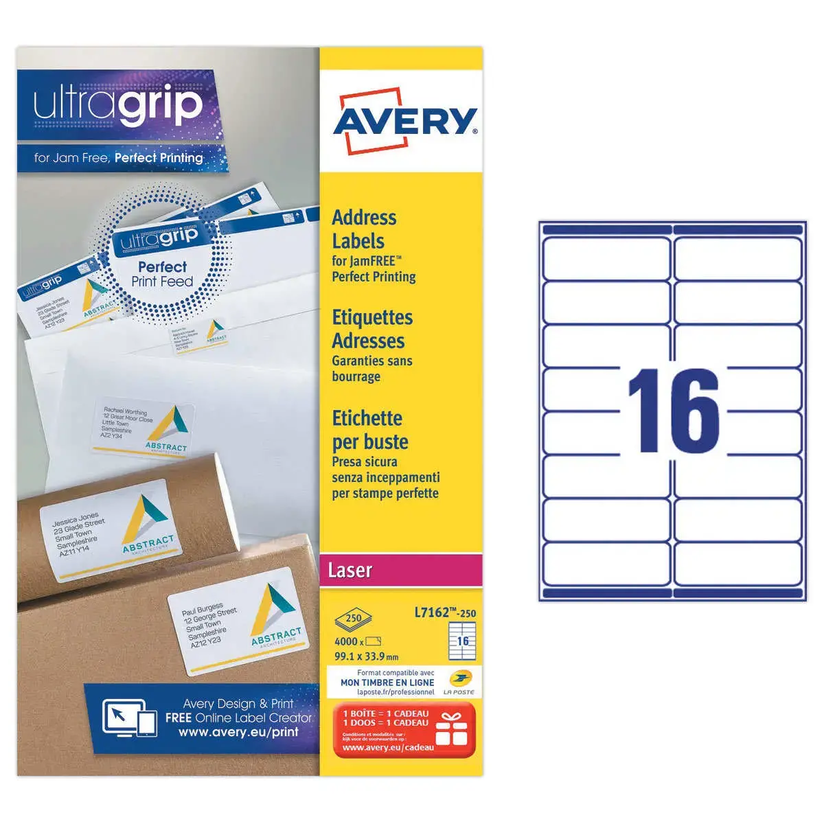 250 Vel met 21 witte adresetiketten voor laserprinters - 63,5 x 38,1 mm - AVERY
