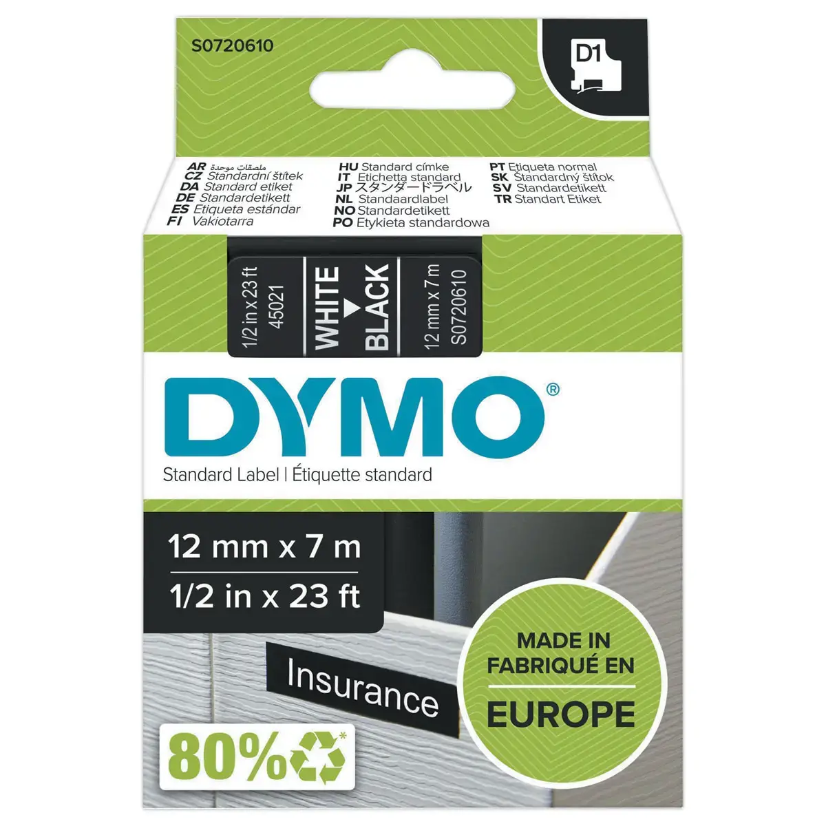 Lint voor etiketteermachine D1 - 7 m x 12 mm - Witte tekst op zwarte achtergrond - DYMO