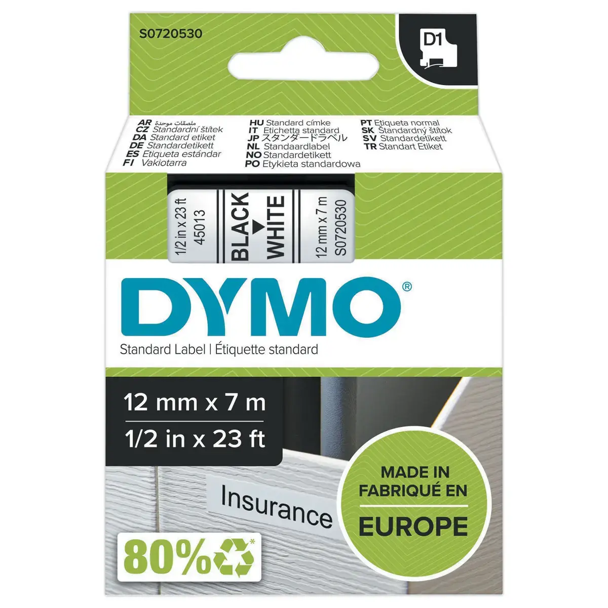 Tape DYMO D1 - 12mm - Opdruk Zwart/Ondergrond Wit