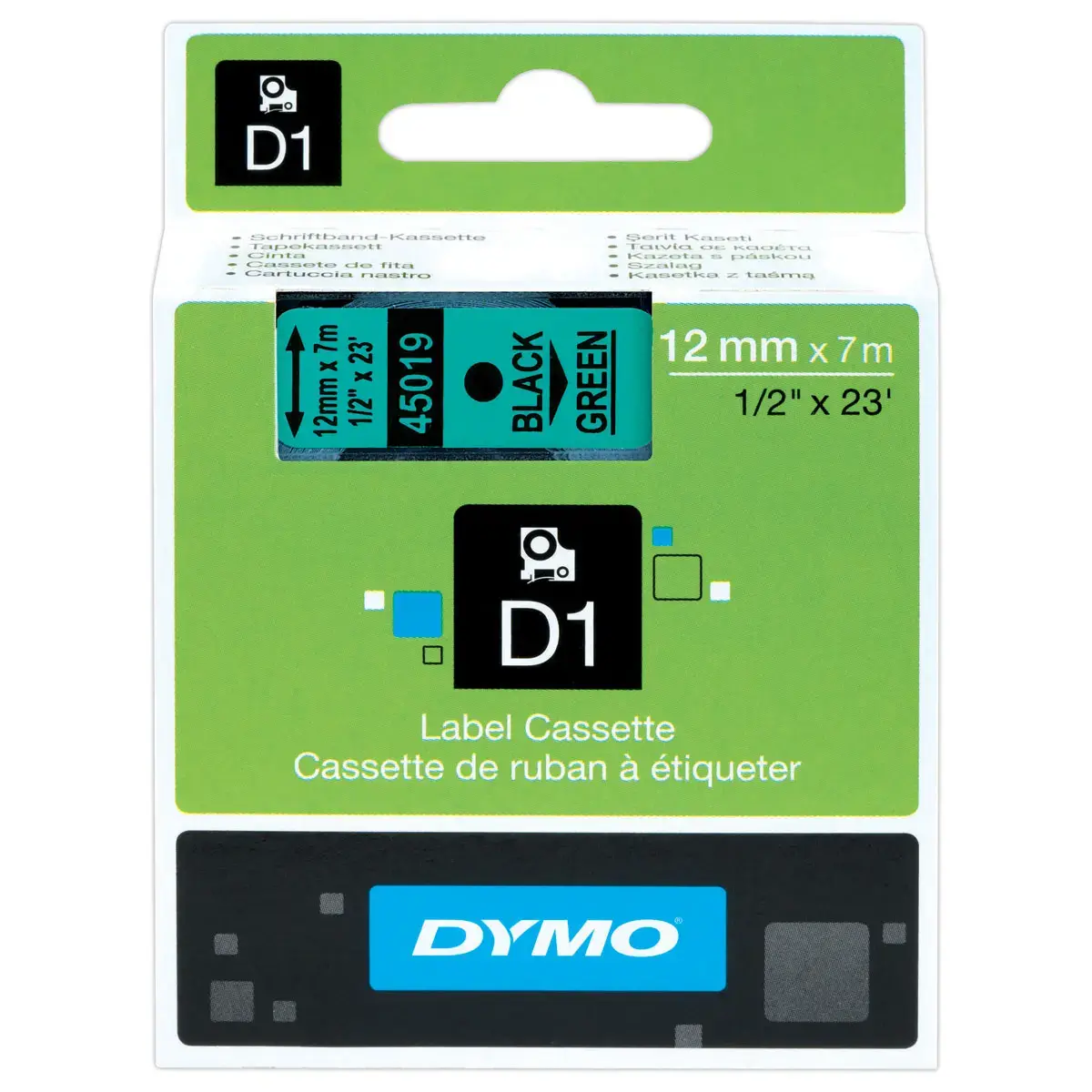 Tape voor D1 labelmaker - 7 m x 12 mm - Zwarte tekst op groene achtergrond - DYMO