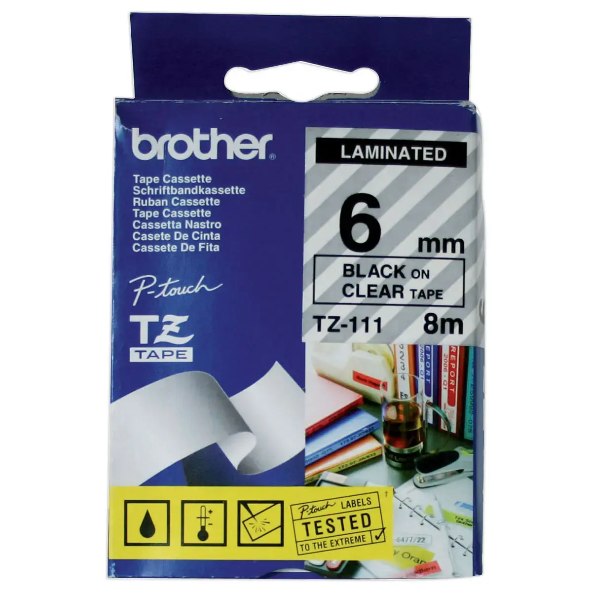 Tape voor labelmaker BROTHER TZe 111 6mm doorzichtig/zwarte tekst