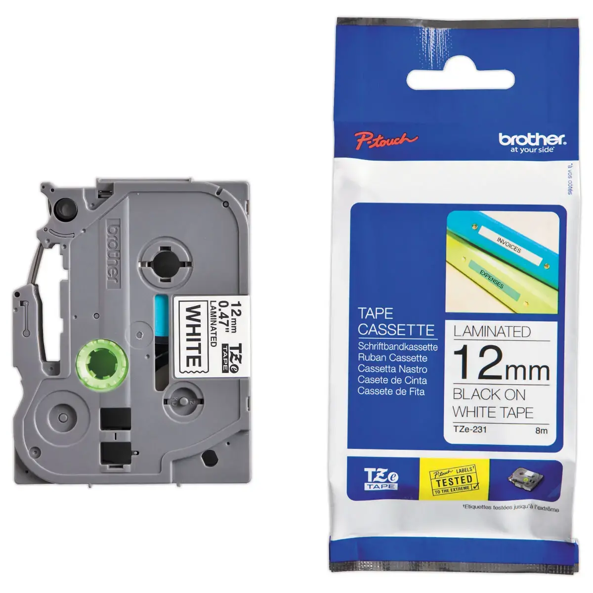 Lint TZE 8m x 12 mm - BROTHER Tze 231 - zwarte tekst op witte achtergrond 