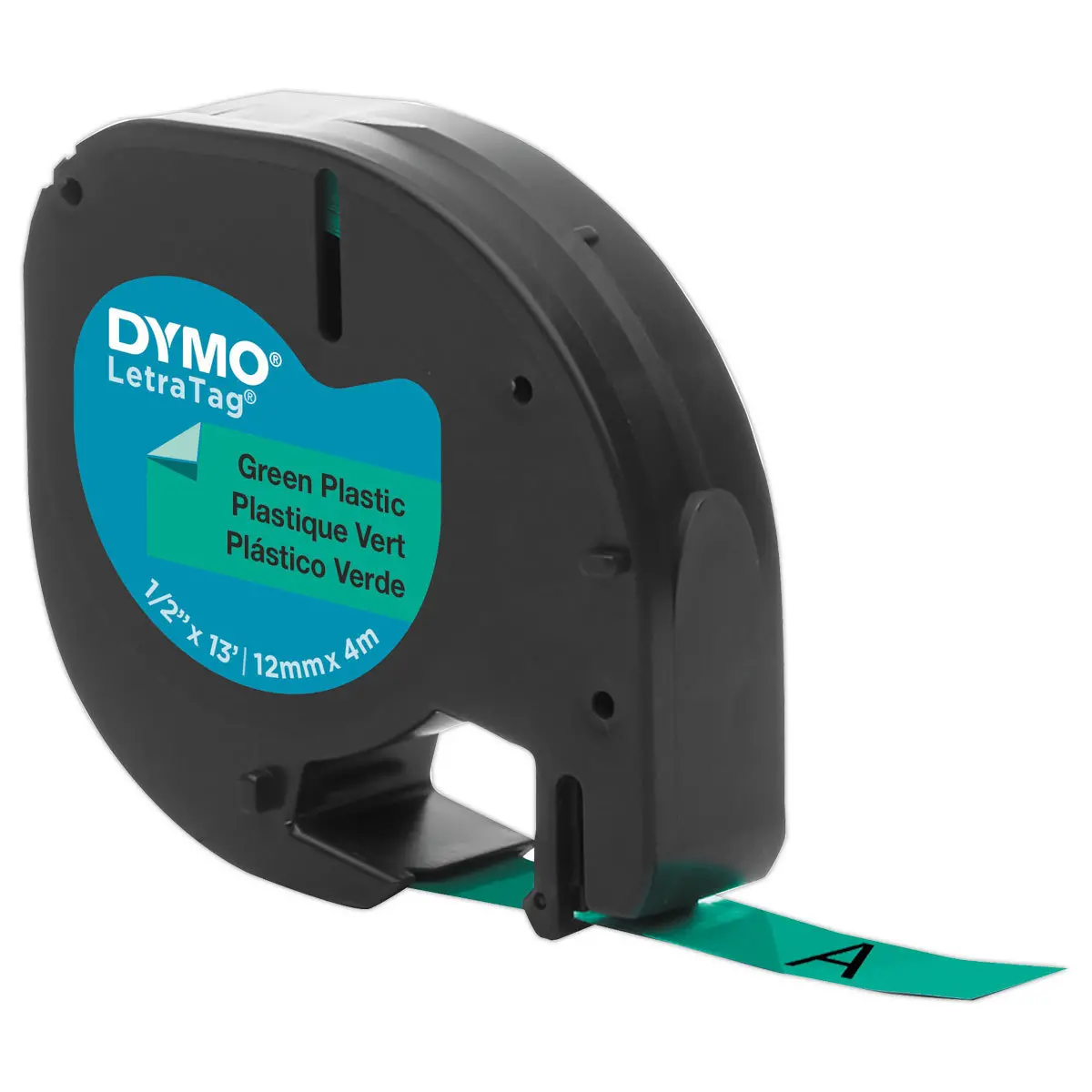 Plastic lint Letratag - 12 mm - zwarte tekst op groene achtergrond