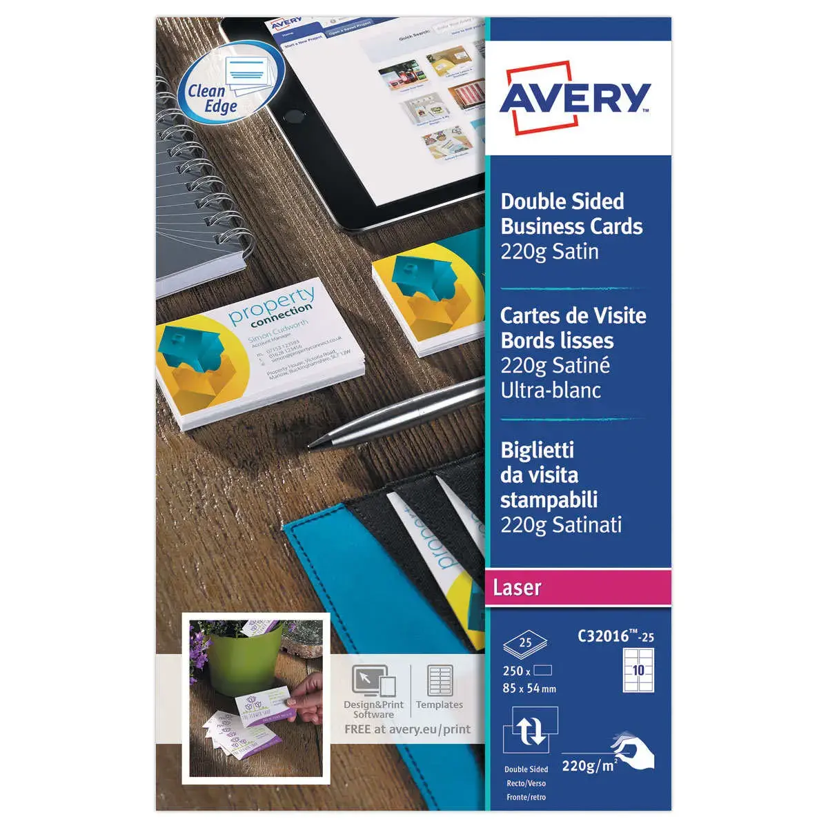 AVERY gesatineerde laser visitekaartjes 86x54 mm, 250/doos