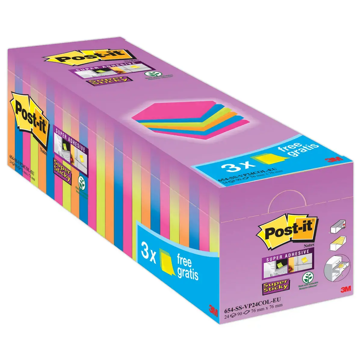 024 POST-IT® Blokken super sticky herpositioneerbare memoblaadjes - 7,6 x 7,6 cm - Diverse kleuren