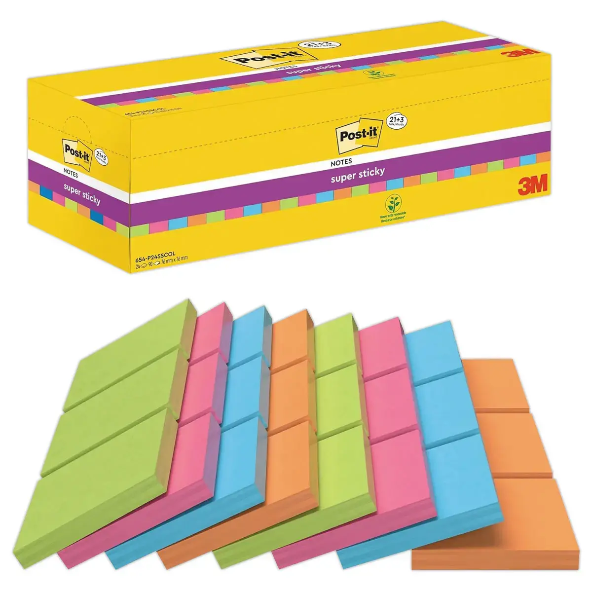 024 POST-IT® Blokken super sticky herpositioneerbare memoblaadjes - 7,6 x 7,6 cm - Diverse kleuren