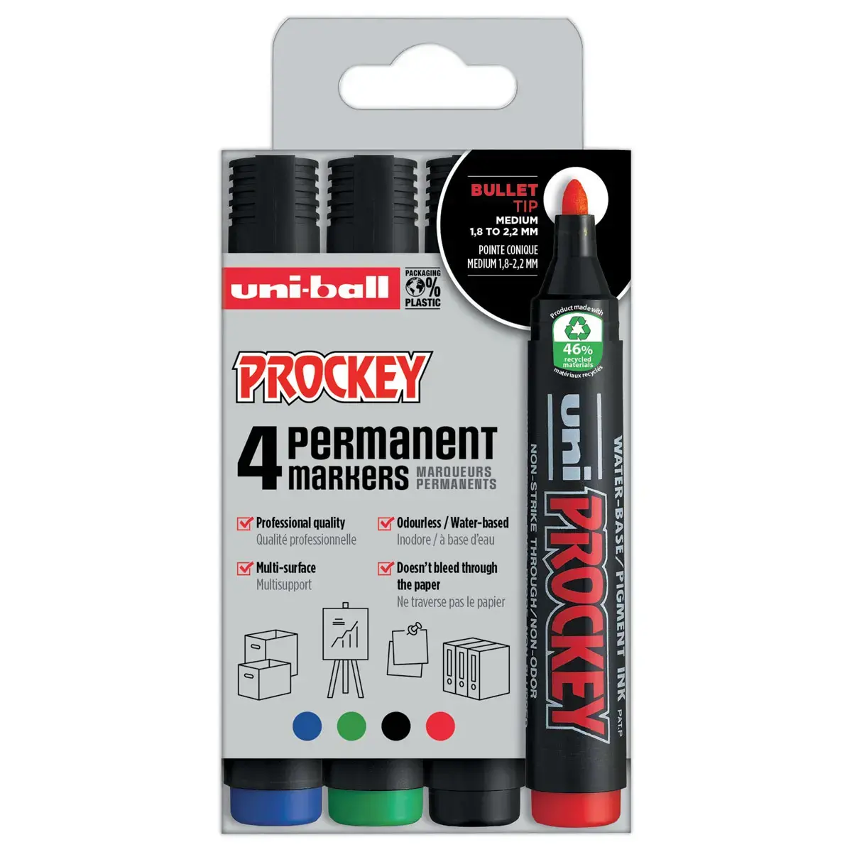 4 permanente markers - Kogelvormige punt 2 mm - Assortimente kleuren - Uni Ball