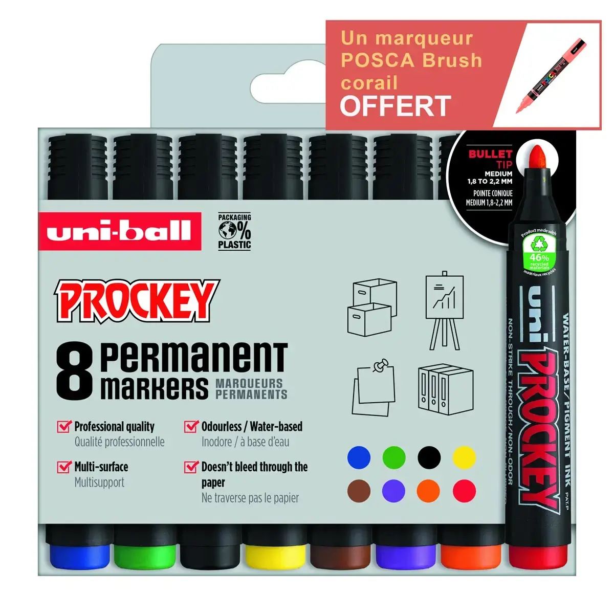 8 Permanente markers - Kogelvormige punt 2 mm - Assortiment kleuren - Uni Ball