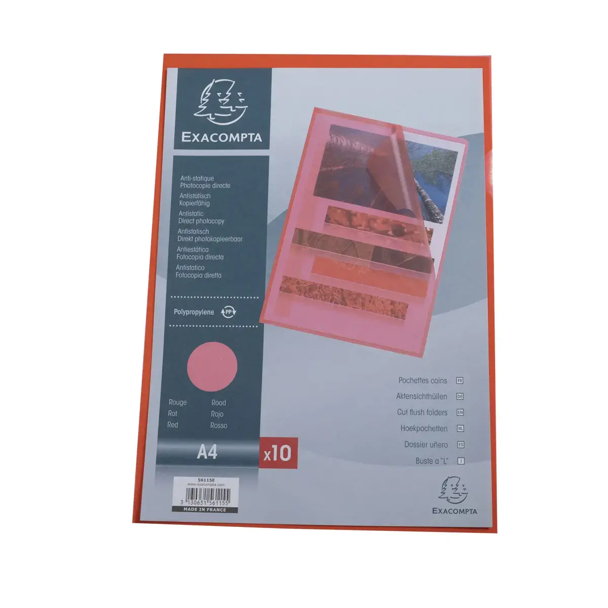 Zakje met 10 hoekhoezen van gegrepen polypropyleen 12/100e - A4 - Rood - Exacompta 