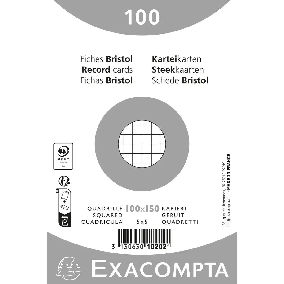 Pak van 100 kaarten onder folie - geruit bristol 5 x 5 niet geperforeerd - 100 x 150 mm - Wit - Exacompta 