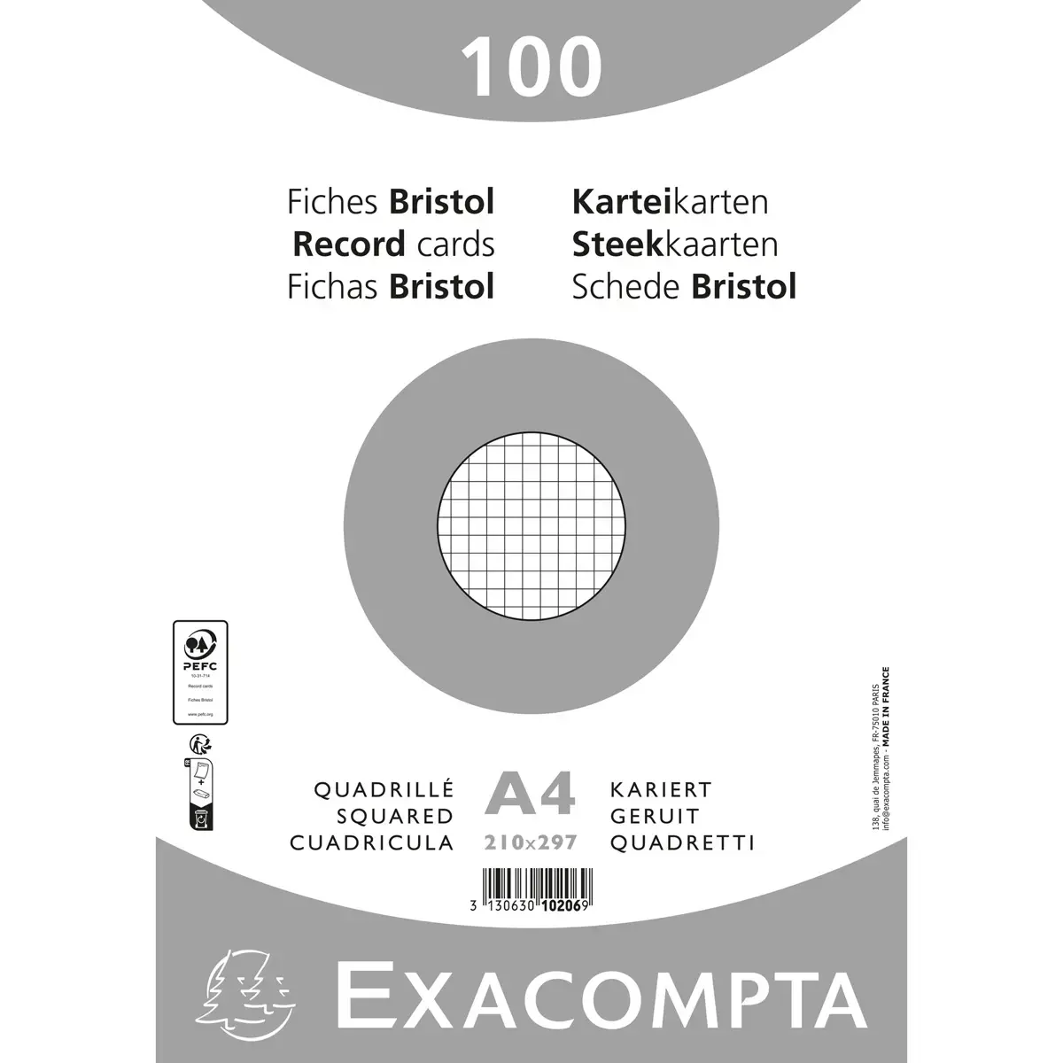 Pakje van 100 kaartjes onder folie - geruit bristol 5 x 5 niet-geperforeerd 210 x 297 mm - Wit - Exacompta