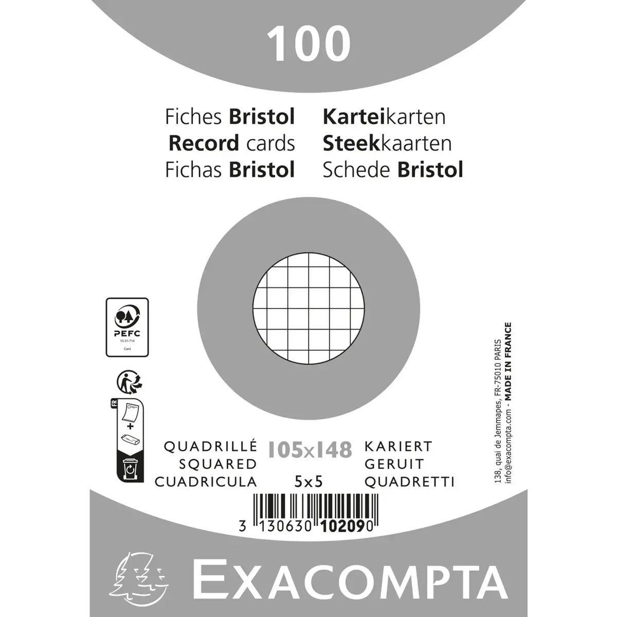 Pak van 100 kaartjes onder folie - bristol geruit 5 x 5 niet-geperforeerd 105 x 148 mm - Wit - Exacompta