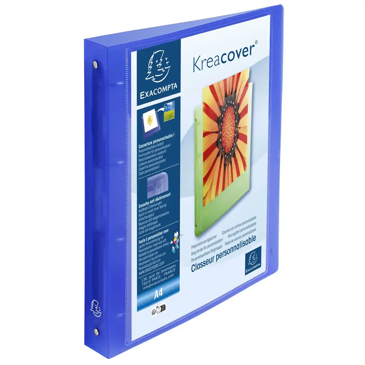 Ringmap 4 ringen 30 mm polypropyleen chromaline 10/10e Krea Cover - A4 maxi - Blauw - Exacompta