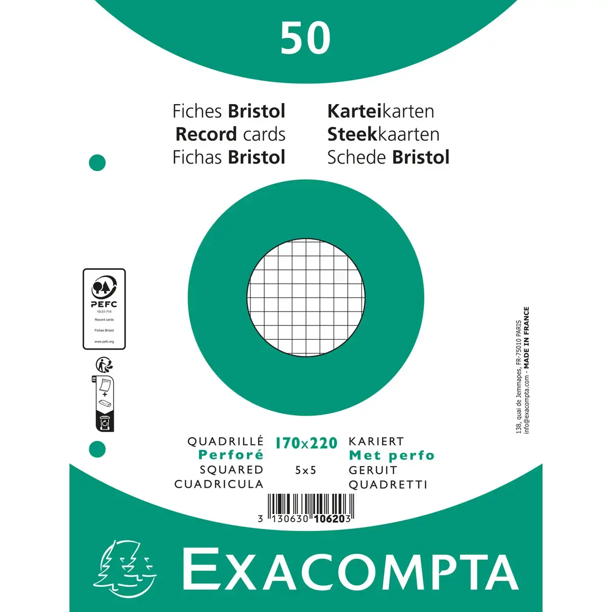 Pak van 50 kaarten onder folie - geruit bristol 5 x 5 geperforeerd 170 x 220 mm - Wit - Exacompta