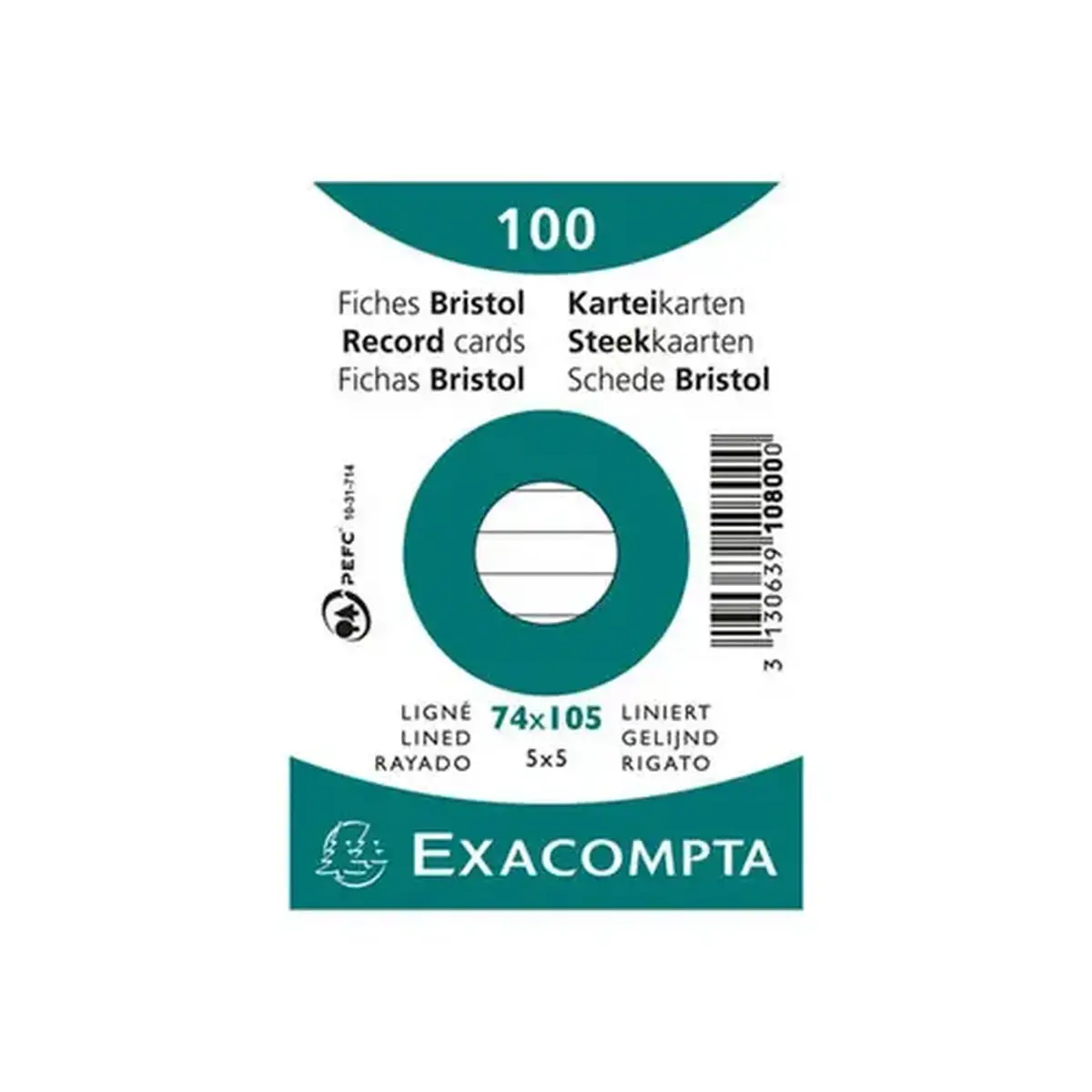 Pakket van 100 kaarten onder folie - gelinieerd bristol niet-geperforeerd 74 x 105 mm - Wit - Exacompta