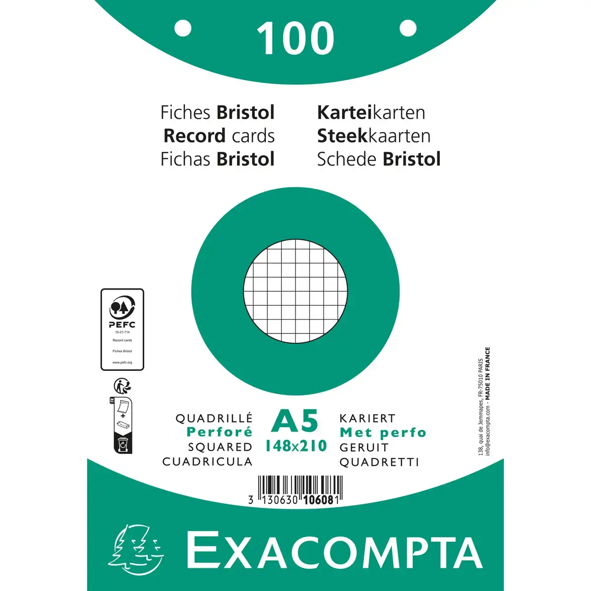 Pak van 100 kaarten onder folie - geruit bristol 5 x 5 geperforeerd 148 x 210 mm - Wit - Exacompta