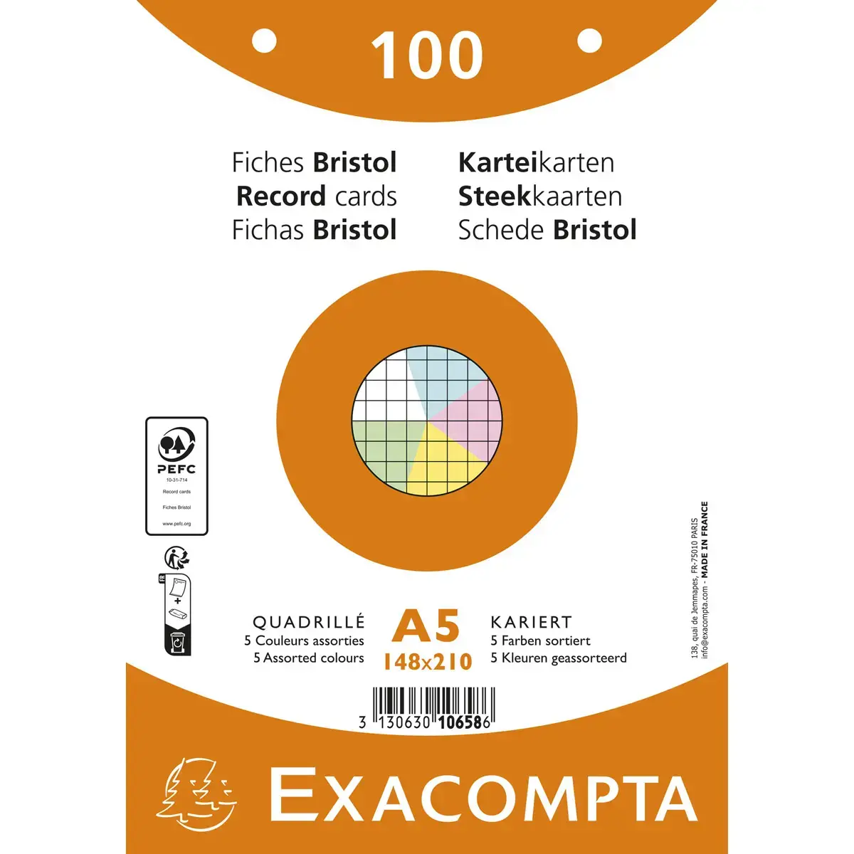 Pakje van 100 kaarten onder folie - geruit bristol 5 x 5 geperforeerd - 148 x 210 mm - Gekleurde assorti - Exacompta 