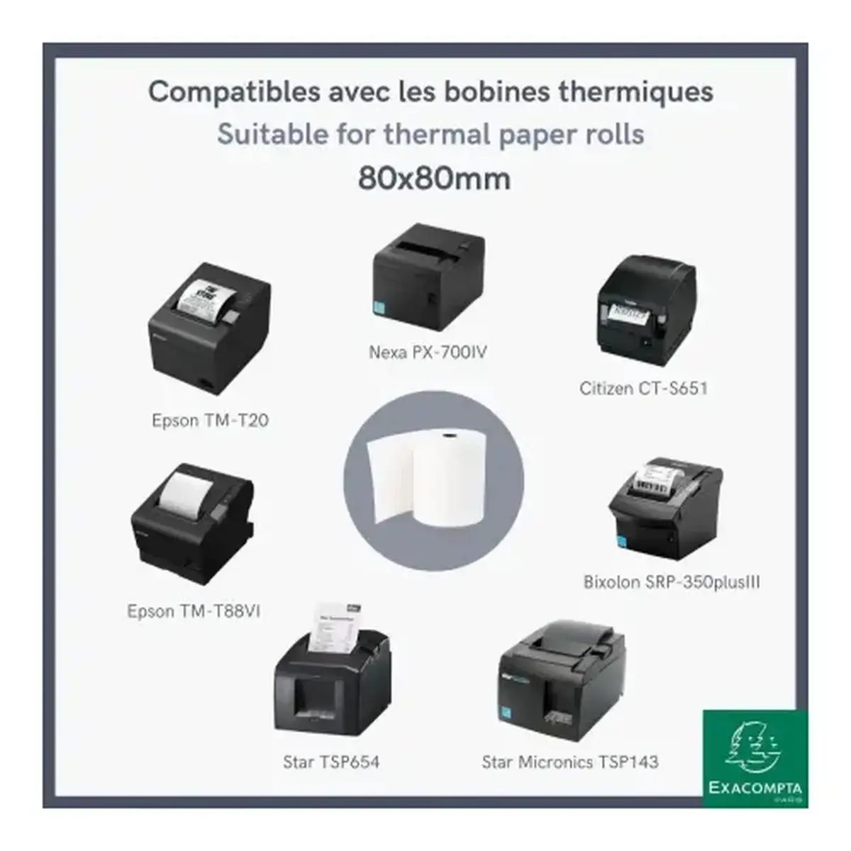 Rol papier voor kassabonnen 80 x 80 mm - 1-laags thermisch 55 g/m2 zonder BPA - Exacompta 
