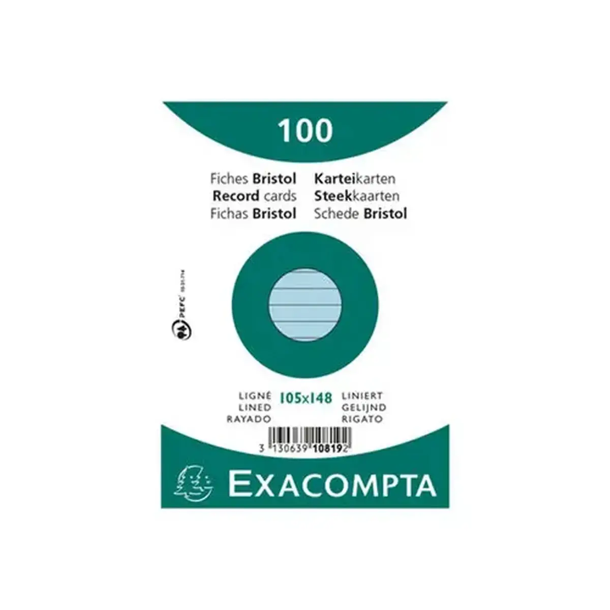Pak van 100 kaartjes onder folie - gelinieerd bristol niet-geperforeerd 105 x 148 mm - Azur - Exacompta
