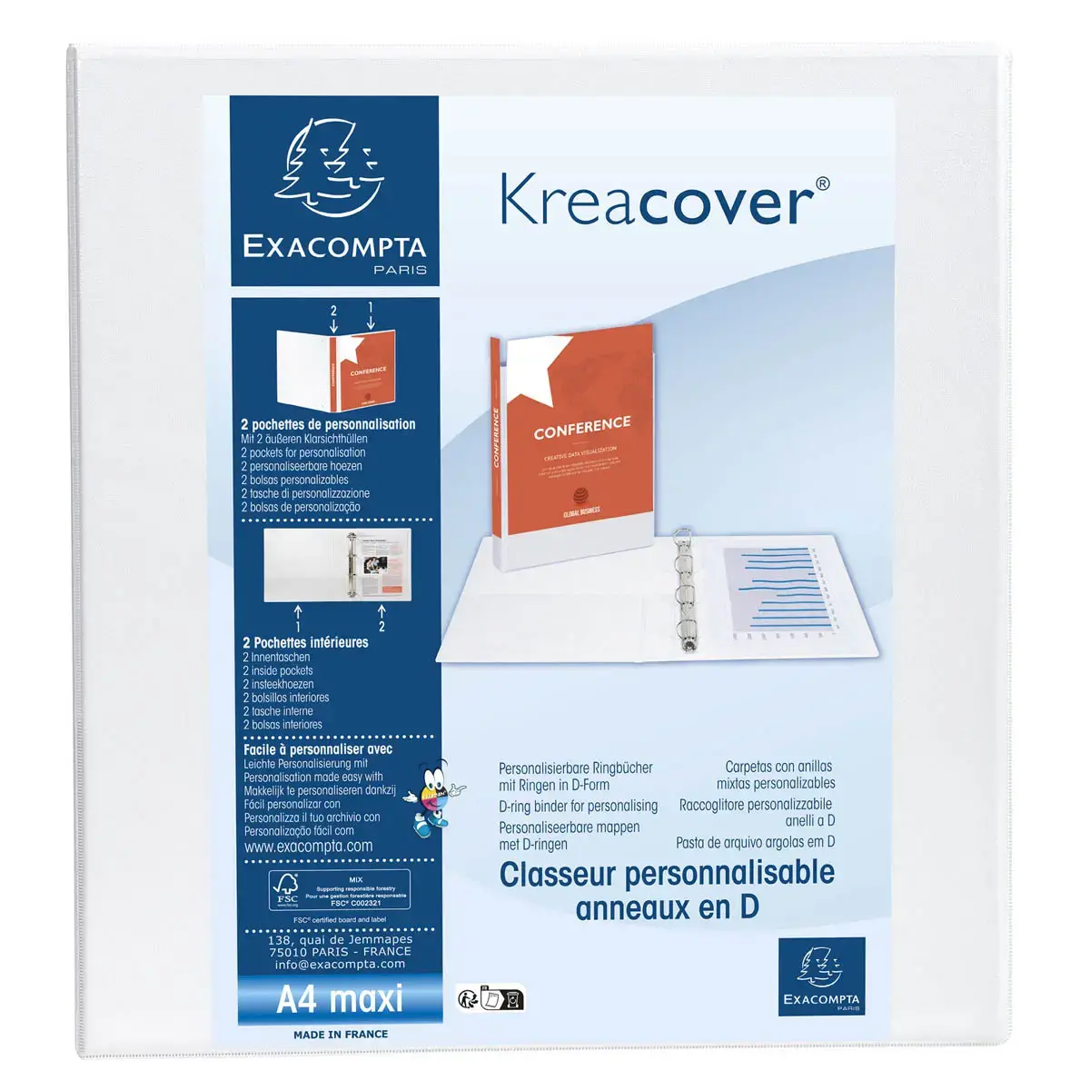 Personaliseerbare PP-ringmap Kreacover - 4 D-ringen van 60 mm - Maximaal A4 - Wit - Exacompta