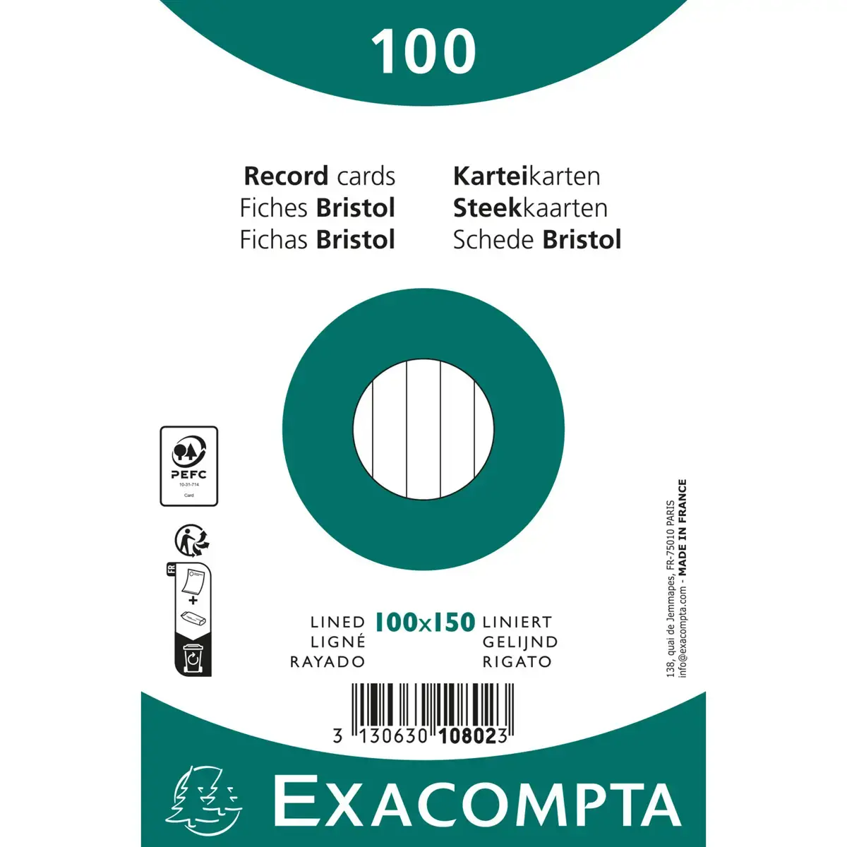 Pak van 100 kaarten onder folie - gelinieerd bristol, niet geperforeerd 100 x 150 mm - Wit - Exacompta 