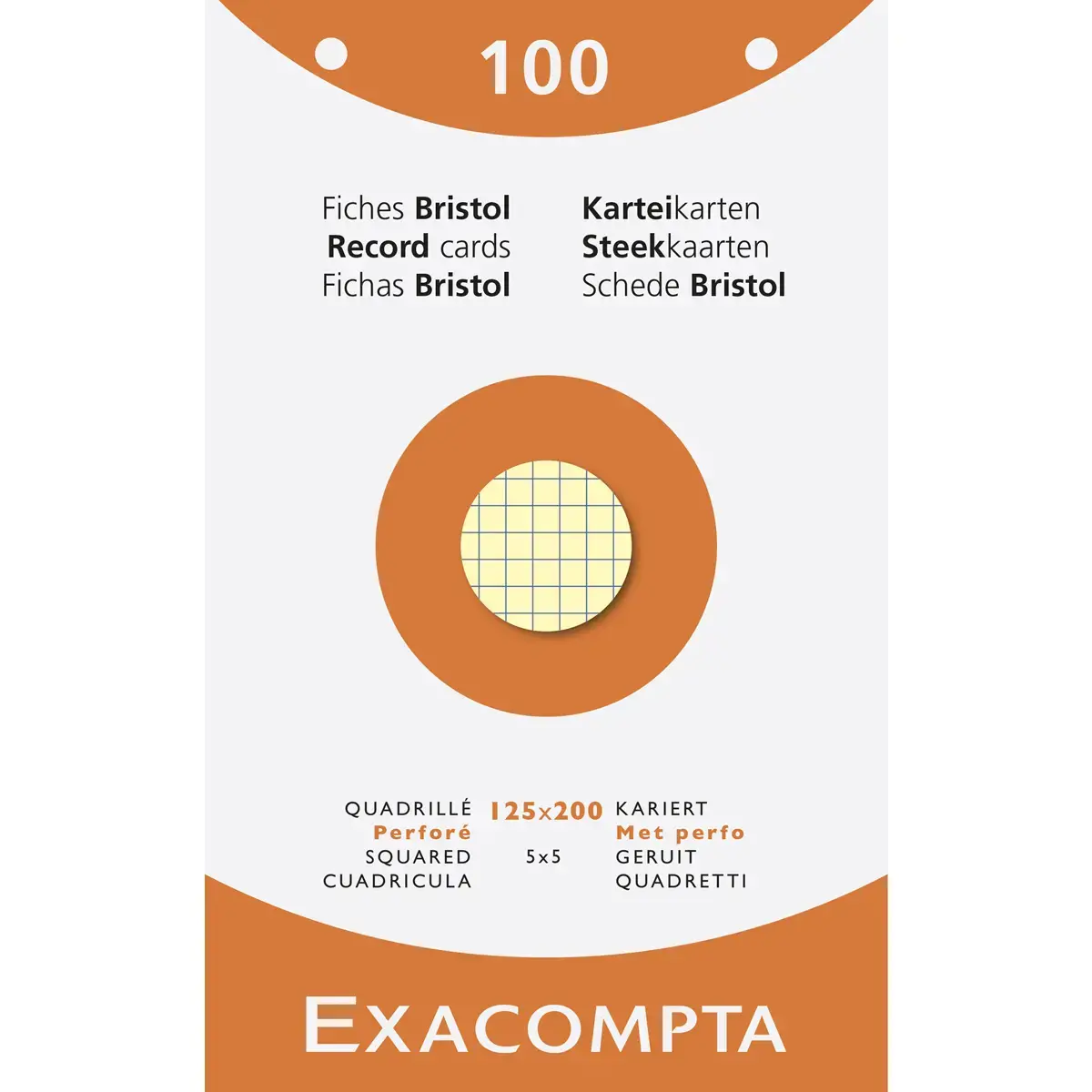 Doos van 100 kaartjes - geruit bristol 5 x 5 geperforeerd 125 x 200 mm - Assortiment kleuren - Exacompta 