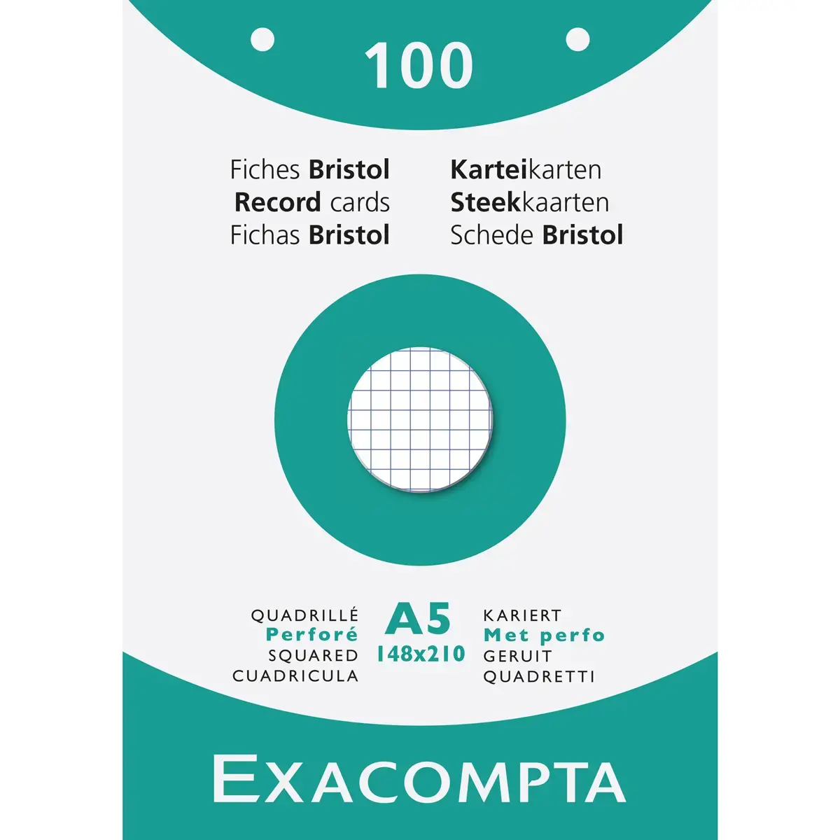 Doosje van 100 kaartjes - geruit bristolpapier 5 x 5 geperforeerd 148 x 210 mm - Wit - Exacompta