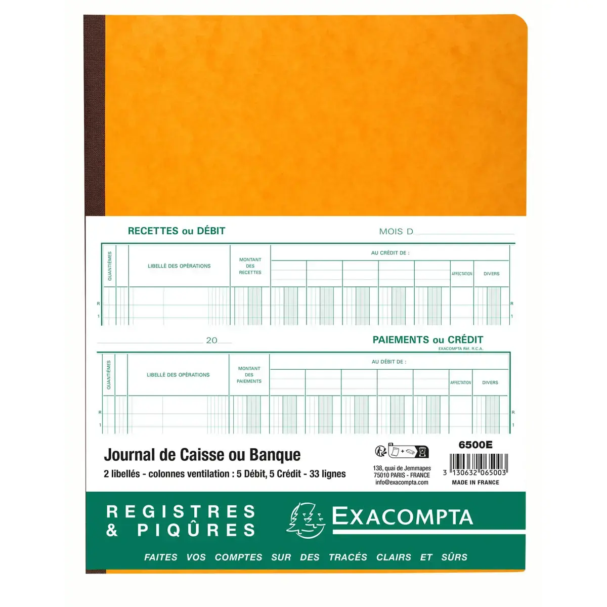 Inslag 32 x 25 cm Kas- of bankboek 5 debet - 5 credit 33 regels 80 pagina's - Exacompta