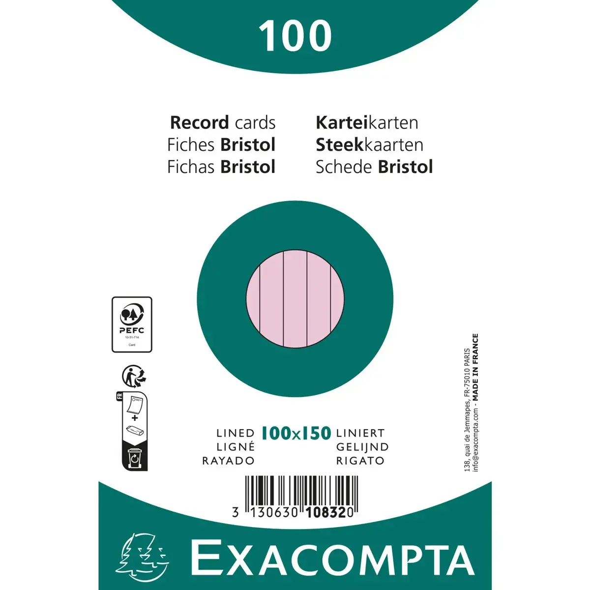 Pak van 100 kaarten onder folie - gelinieerd bristol niet-geperforeerd 100 x 150 mm - Roze - Exacompta