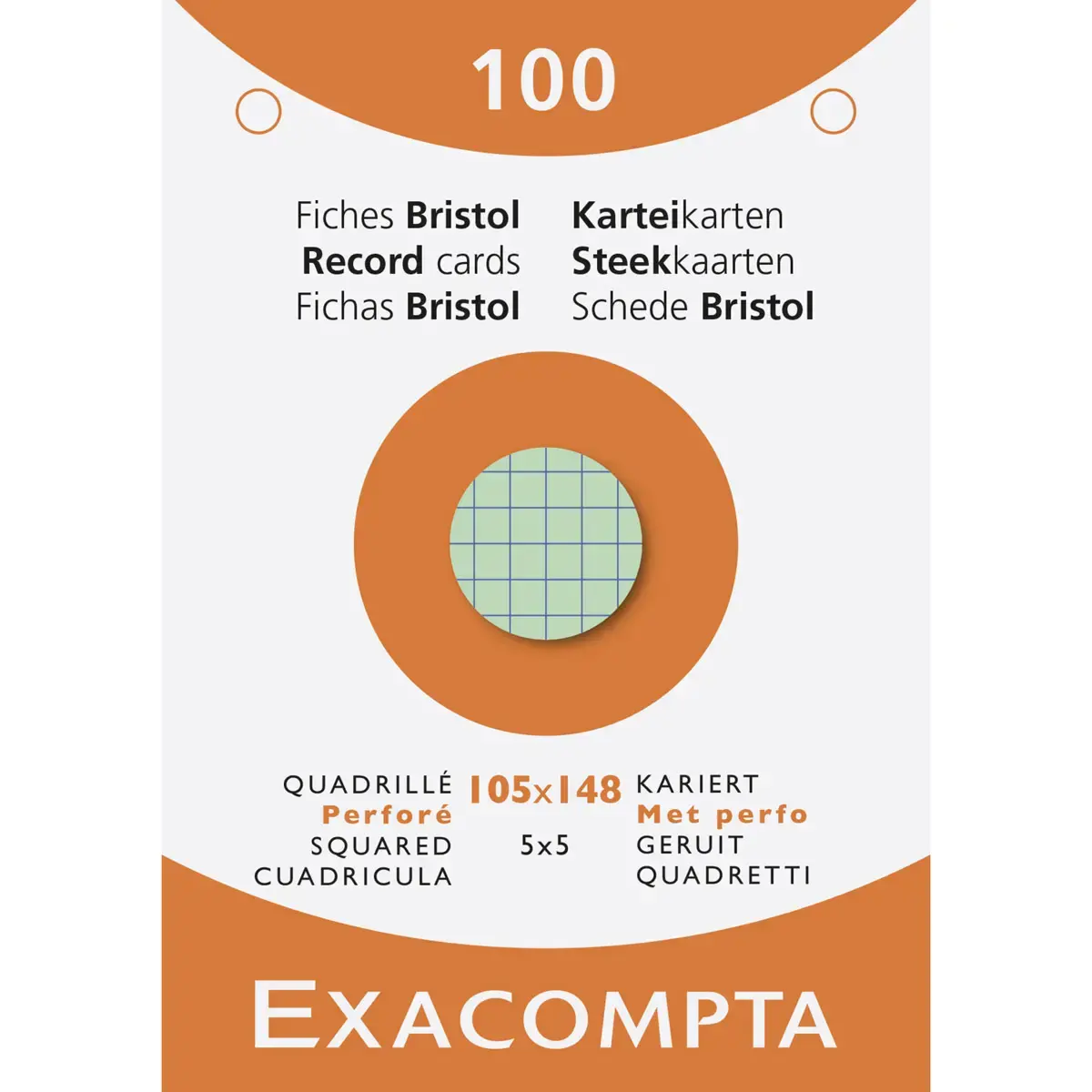 Doosje van 100 kaartjes - geruit bristol 5 x 5 geperforeerd 105 x 148 mm - Assortiment kleuren - Exacompta 