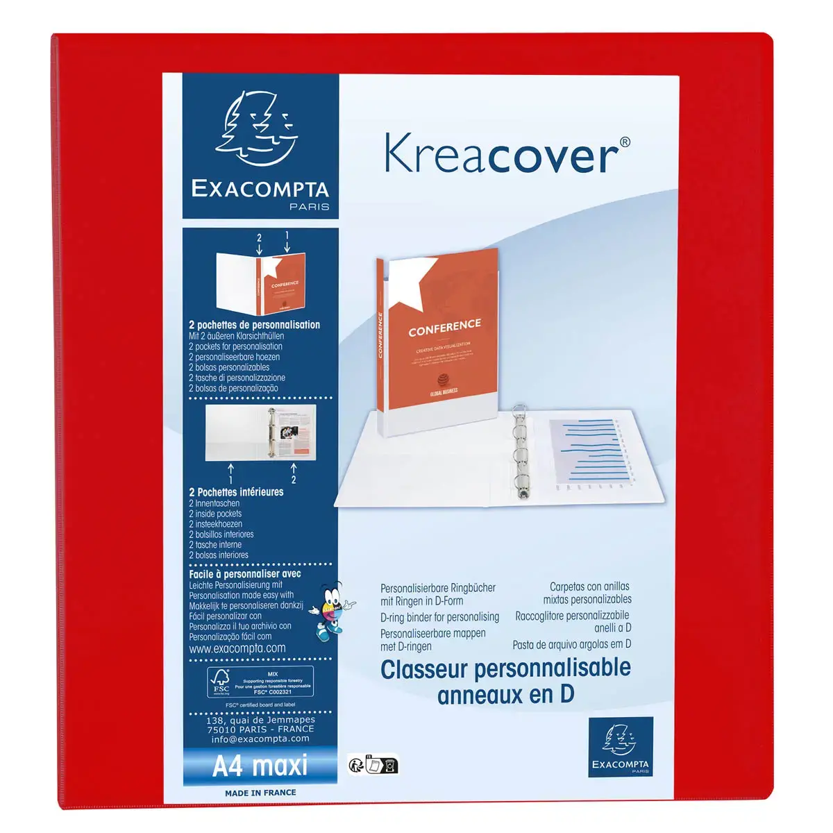 Personaliseerbare PP-ringmap Kreacover - 4 D-ringen 60 mm - Maximaal A4 - Rood - Exacompta 