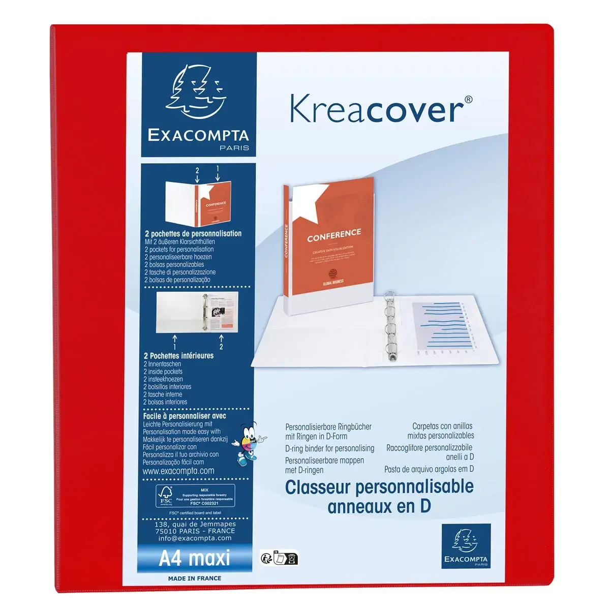 Kreacover personaliseerbare PP-ringmap - 4 D-ringen van 40 mm - A4 maxi - Rood - Exacompta 