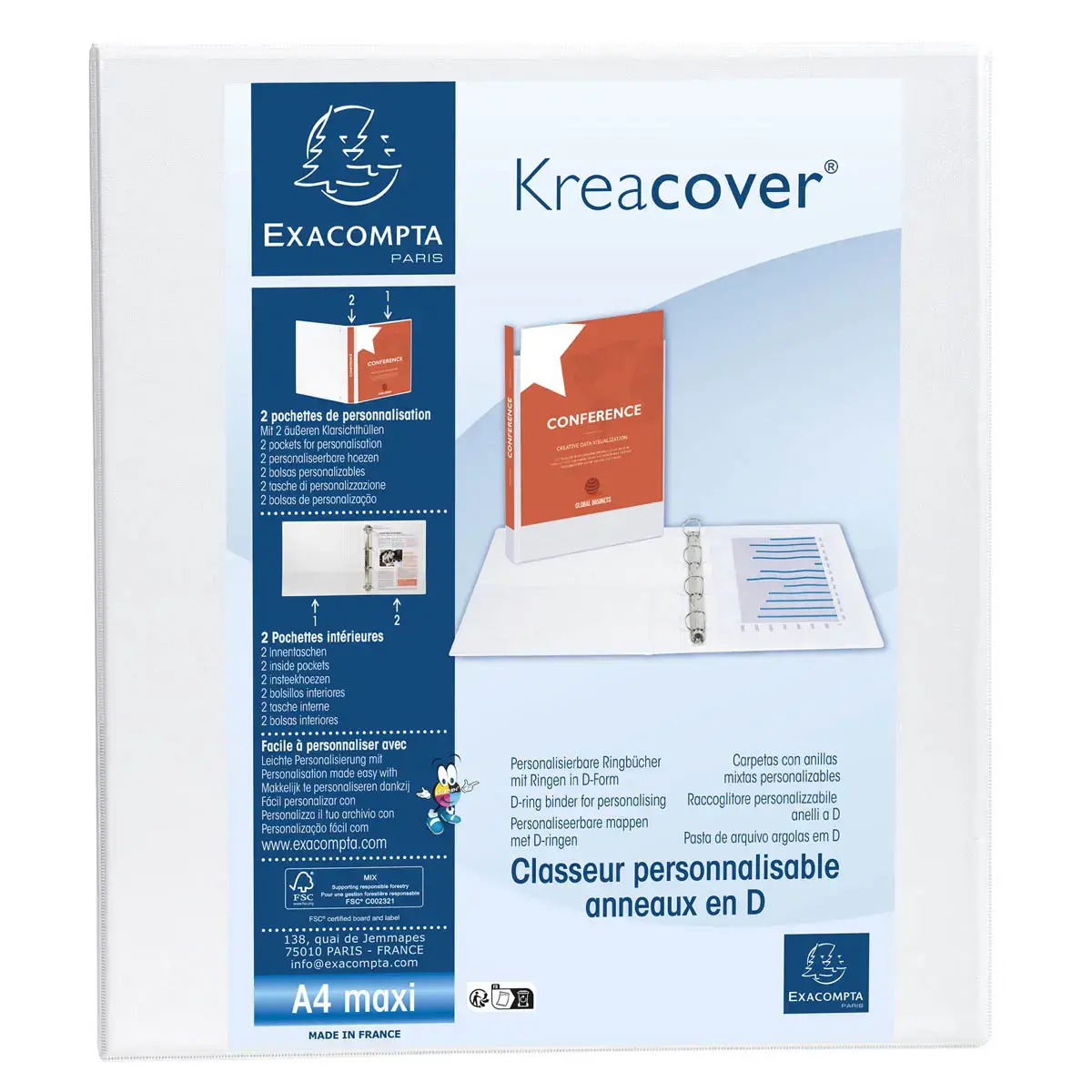 Aanpasbare PP-ringmap Kreacover - 4 D-ringen 50 mm - Maximaal A4 - Wit - Exacompta