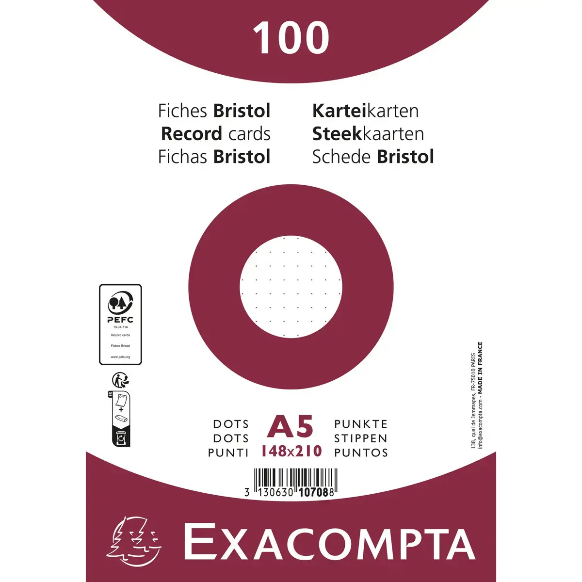 100 Bristolkaarten - 148 x 210 - Gelijnd met stippen - Exacompta