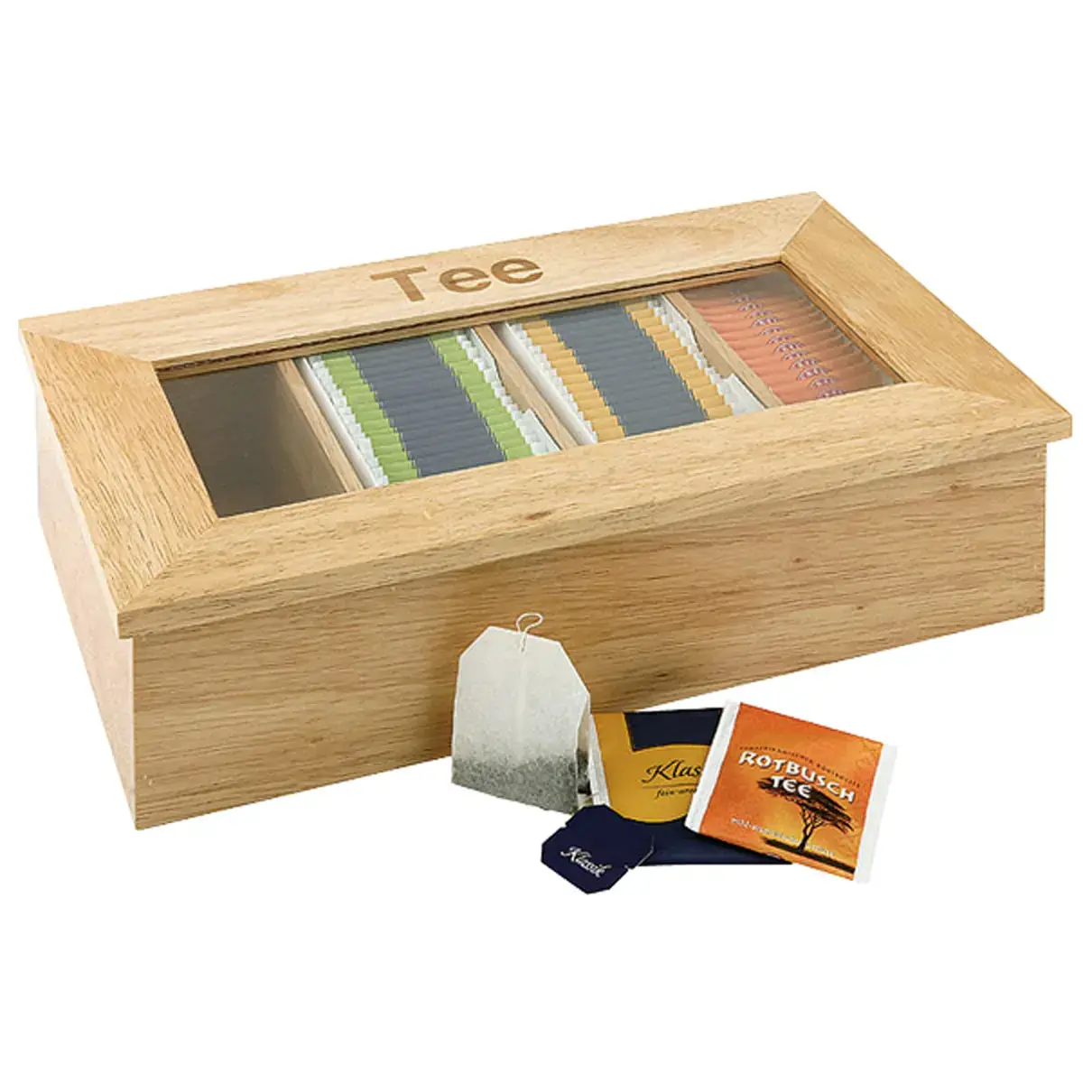 Theedoos en infusie, van hout, 4 vakken, lichtbruin - Aps 